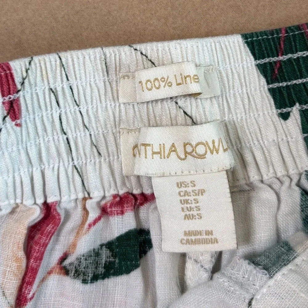 Cynthia Rowley 100% Linen Wide Leg Tropical Leaf Print Pants Cream Small